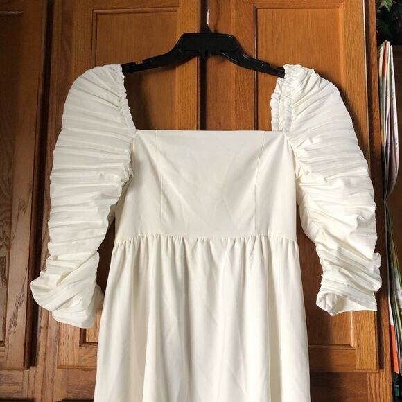 Anthropologie OPT Square Neck Ruched Sleeve Ruffle Hem MIDI Dress- S - Picture 3 of 14